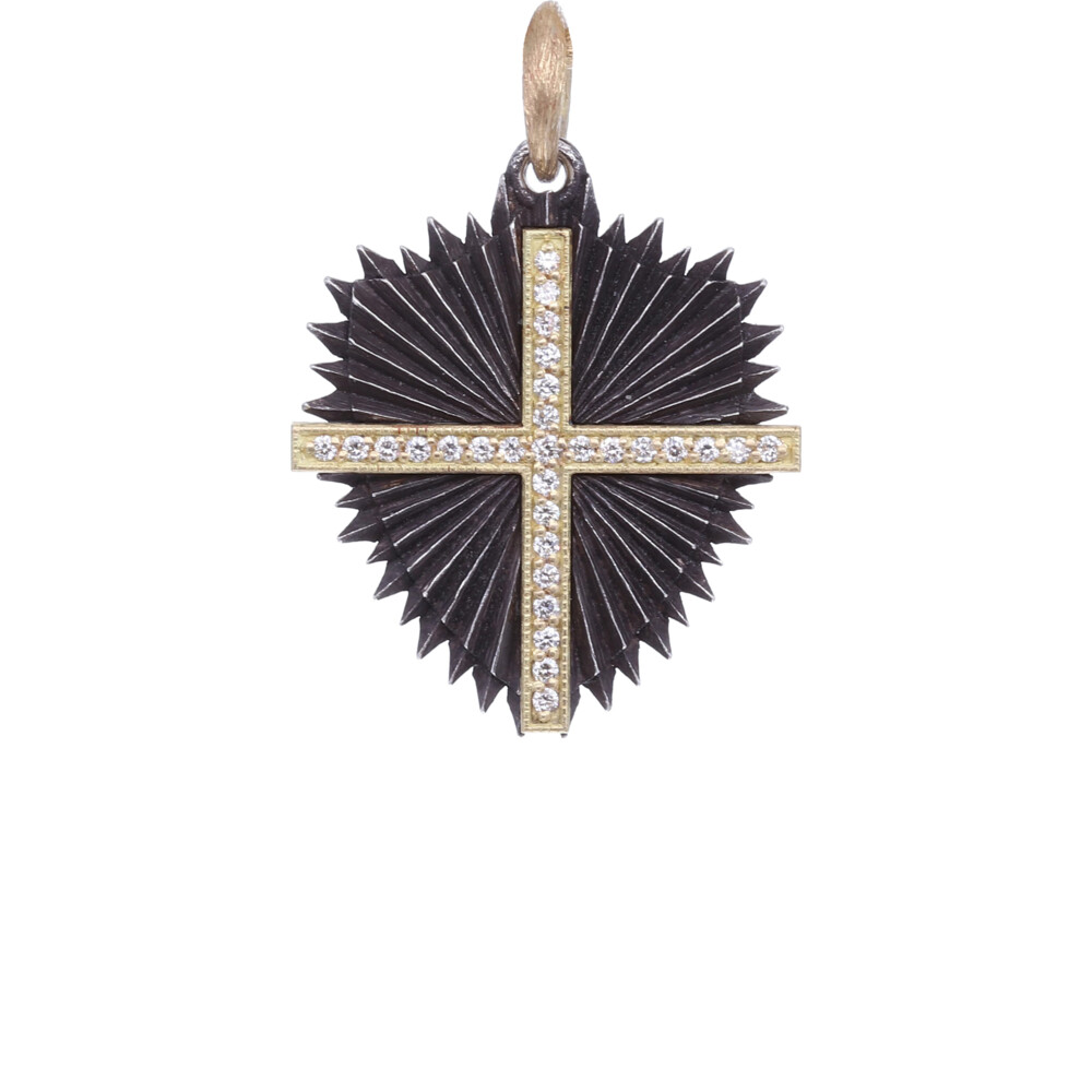 <div style="position: initial; margin: initial;">18k and Blackened Sterling Silver Small Ruche Shield with Diamond Cross Overlay, on the reverse in Italian reads "Vivi la vita che ami, ama la vita che vivi" which translates too <span style="font-family: inherit; font-size: 1.2rem;">"Live the life you love, Love the Life you live"- by Bob Marley</span></div> 18k Small Rauch Shield w/Cross Overlay Pendant