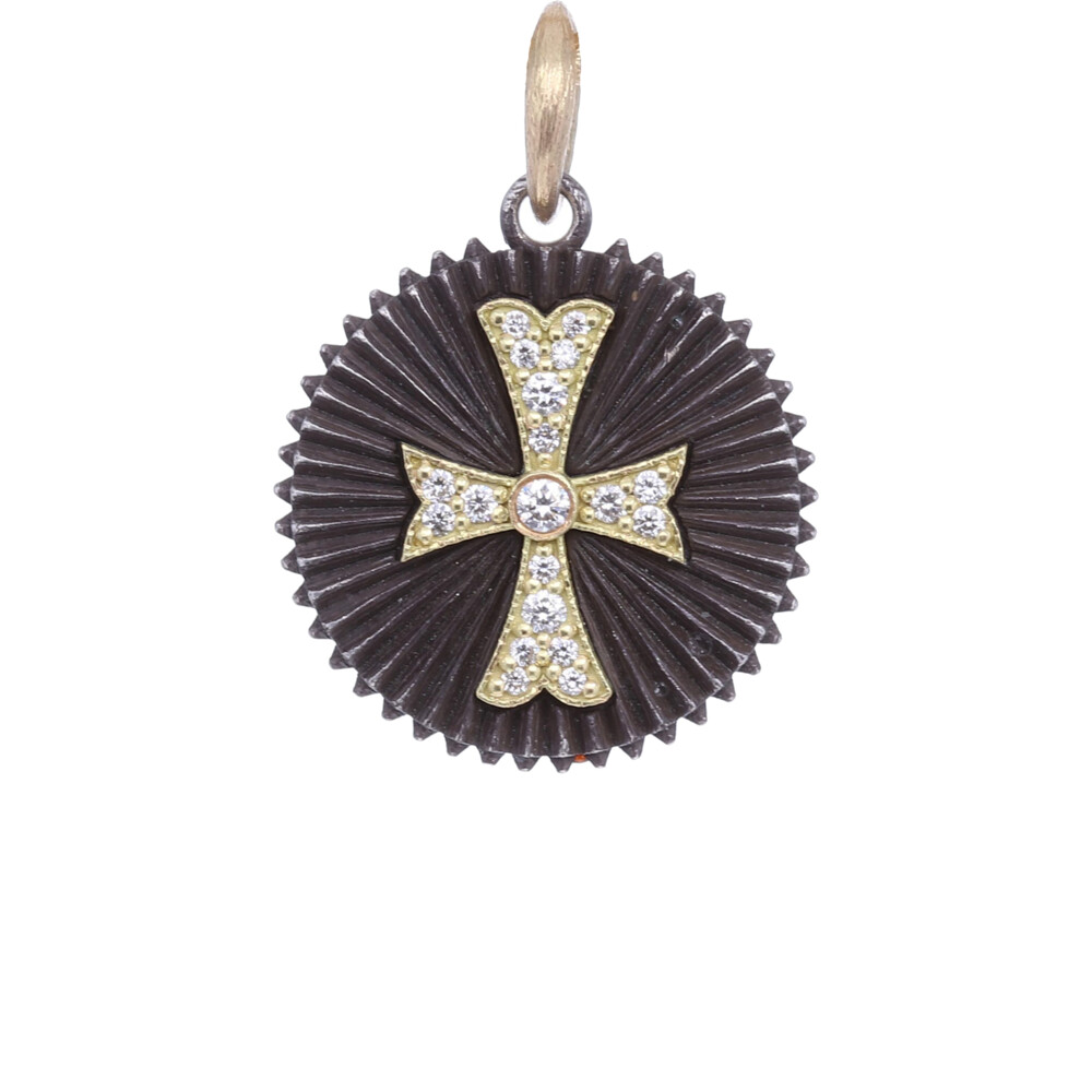 <div style="position: initial; margin: initial;">18k and Blackened Sterling Silver Small Round Diamond Cross with 0.22tcw of Diamond, on the reverse reads in Italian "</div><div style="position: initial; margin: initial;">"Strength, Grace & wisdom"</div> 18k Small Round Diamond Cross Pendant