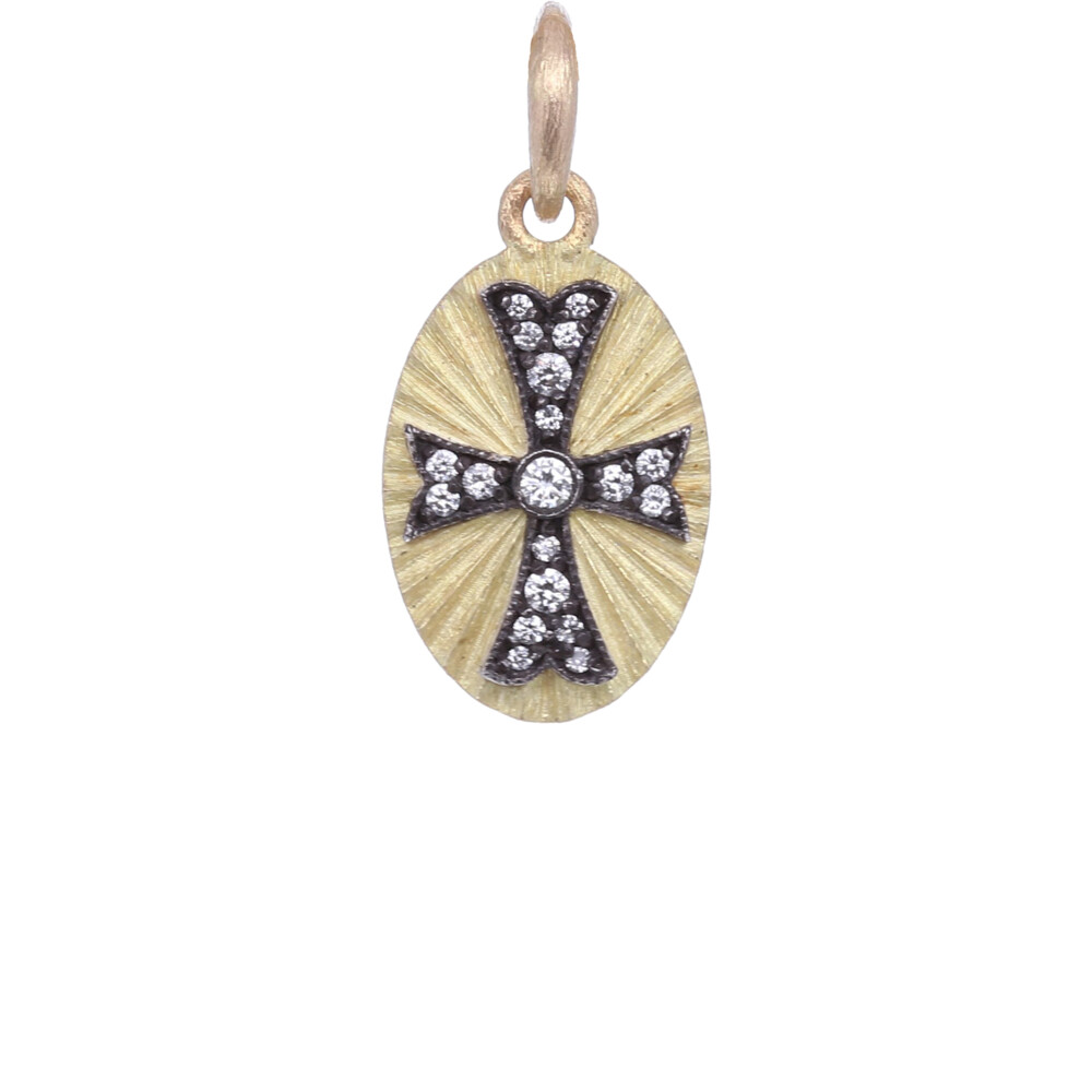 <span style="color: rgb(0, 0, 0); font-size: medium; position: initial; margin: initial;">18k Handscraped Small Oval Ruche Pave Diamond Cross 0.22tcw, on the reverse features a Crown and Crosses. </span> 18k Handscraped Cross Charm Pendant