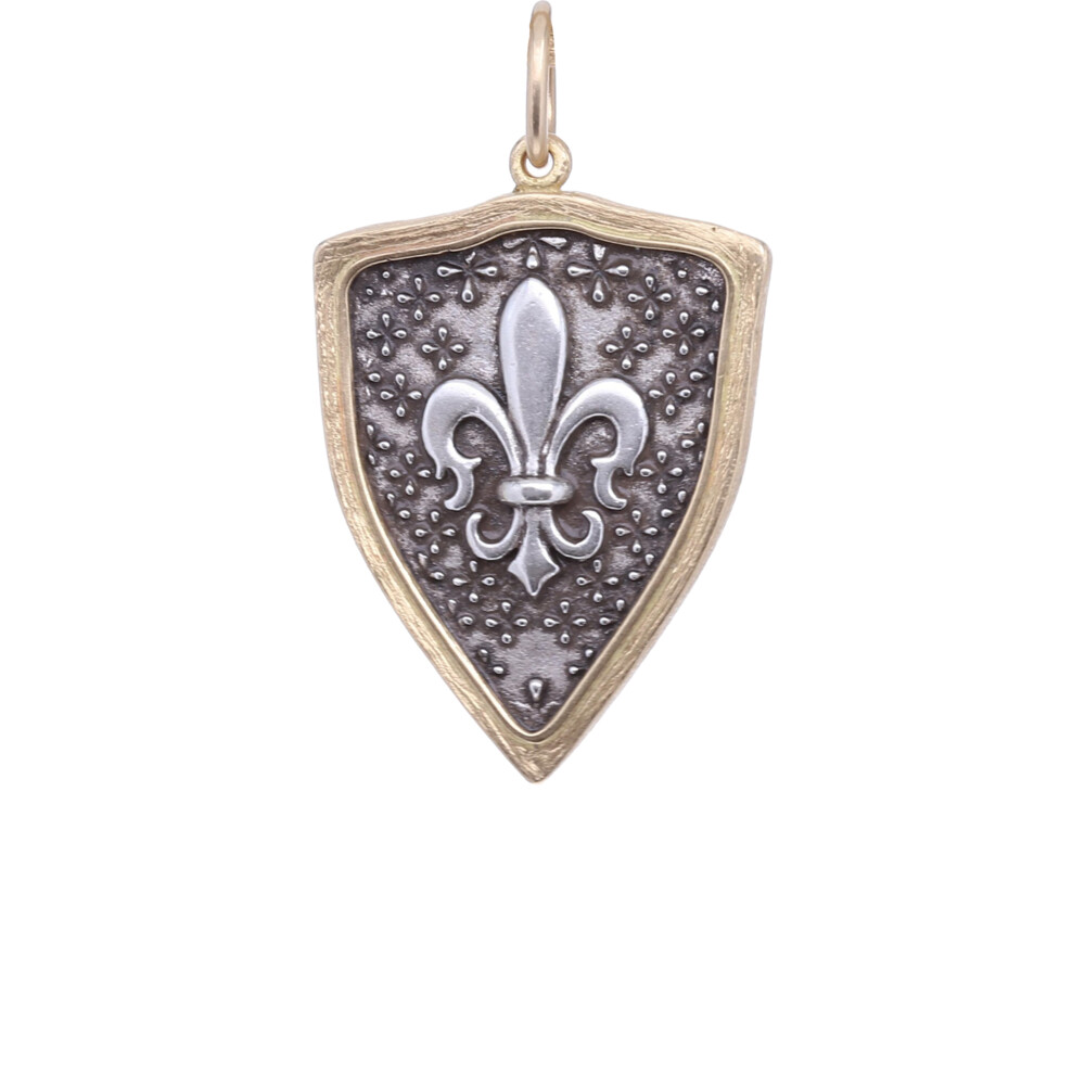<div style="position: initial; margin: initial;">18k and Blackened Sterling Fleur De Lis Shield Charm Pendant, on the reverse reads "Carpe Diem" which translates to "Seize the Day"</div><div style="position: initial; margin: initial;"><br></div> 18k Fleur De Lis Shield Charm