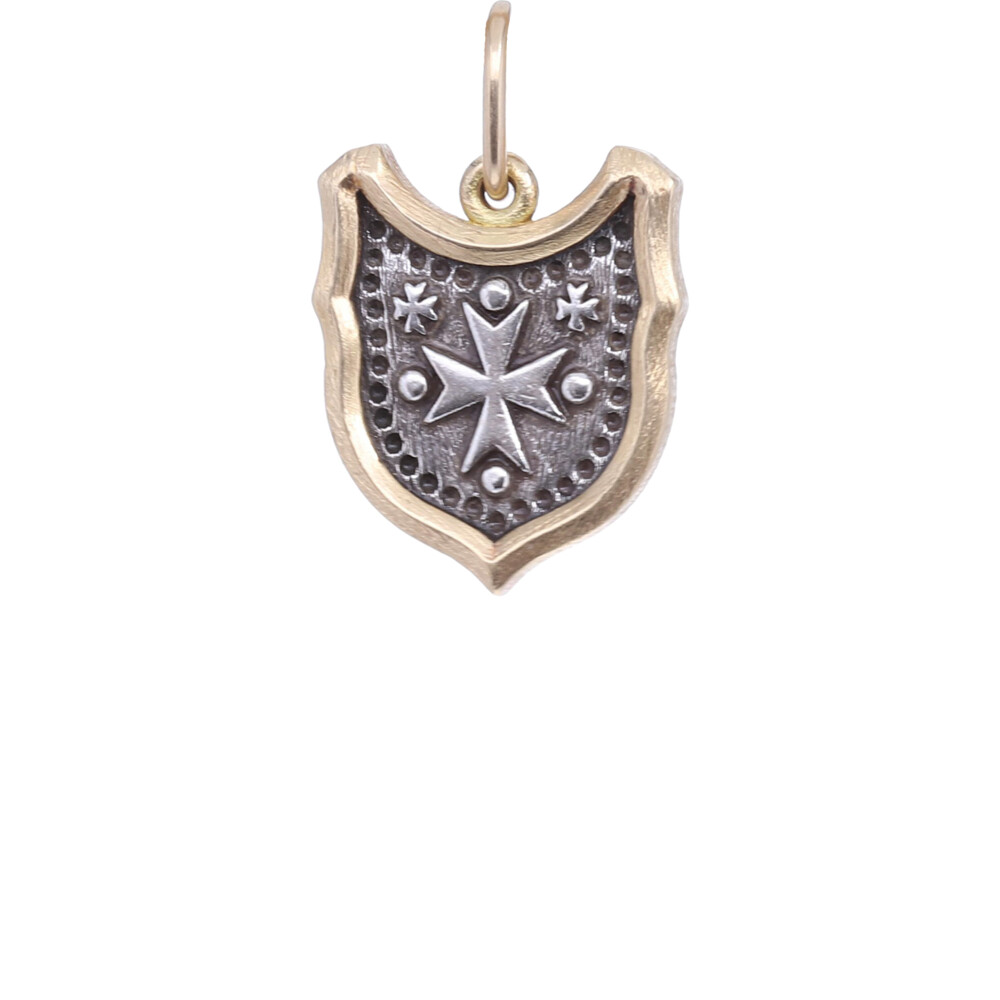 <span style="color: rgb(0, 0, 0); font-size: medium; position: initial; margin: initial;">18k Baby Funky Shield with Maltese Cross, on the reverse reads in Italian "Le Dolce Vita" and translates to "The Sweet Life"</span> 18k Baby Shield with Maltese Cross Charm Pendant