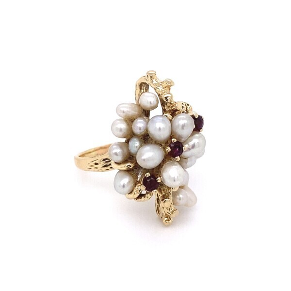 14k YG Cluster Pearl & Garnet Ring 8.4g s6.5