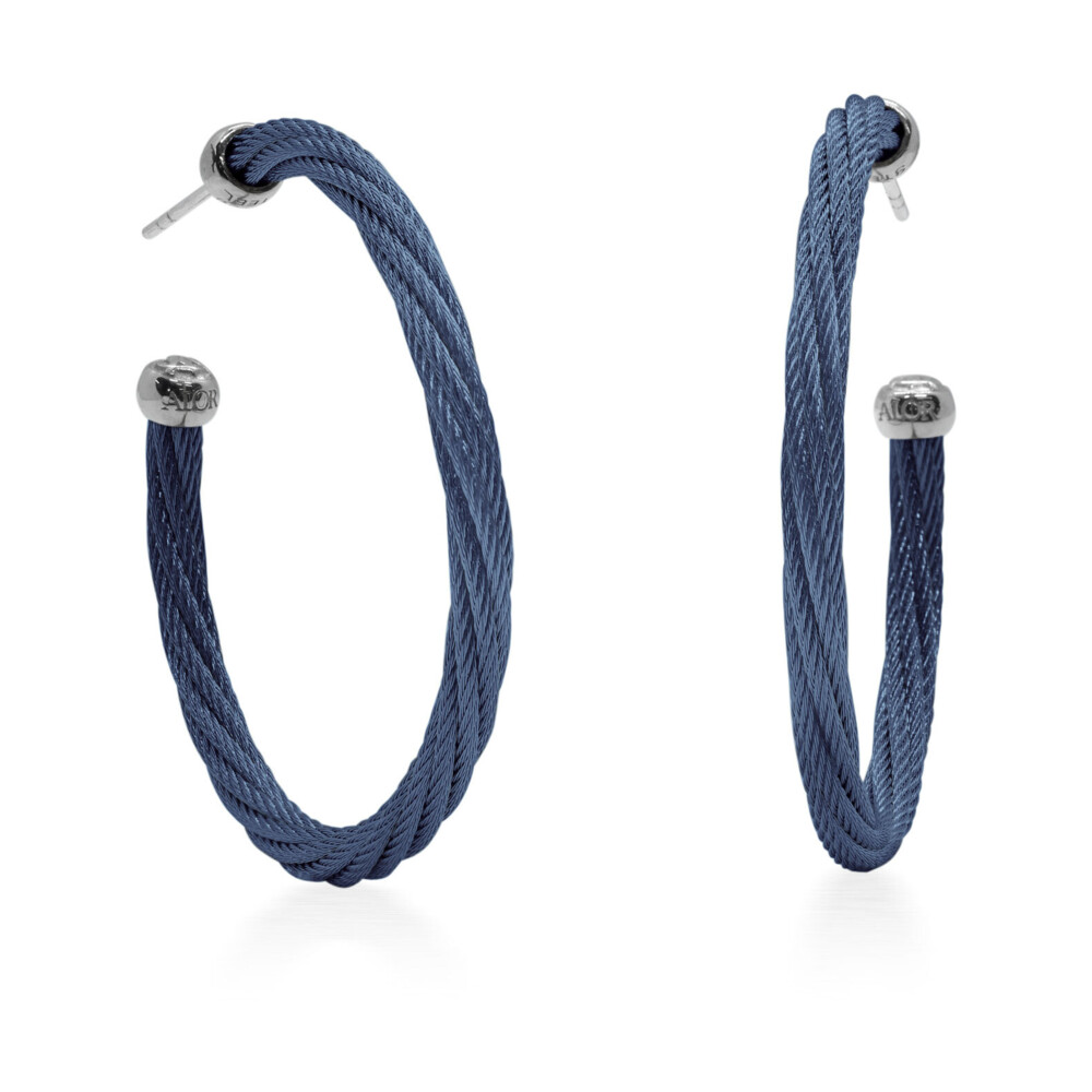 Blueberry Twisted Cable 1.5″ Hoop Earrings with 18kt White Gold