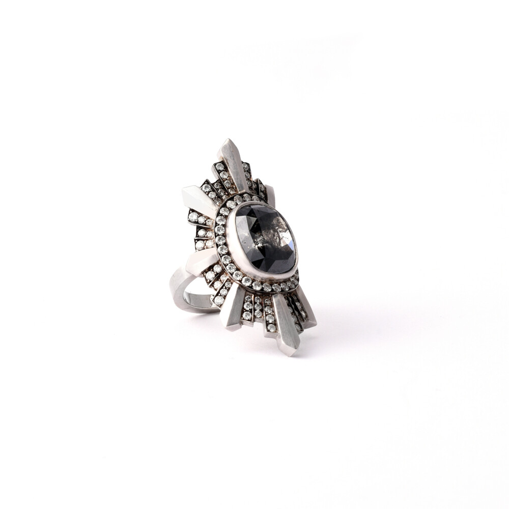 18k White Gold Stella Ring
Round Brilliant Cut Diamond Approx: 1.45tcw
Rough Grey Diamond Approx: 6.00cts White Gold Stella Ring