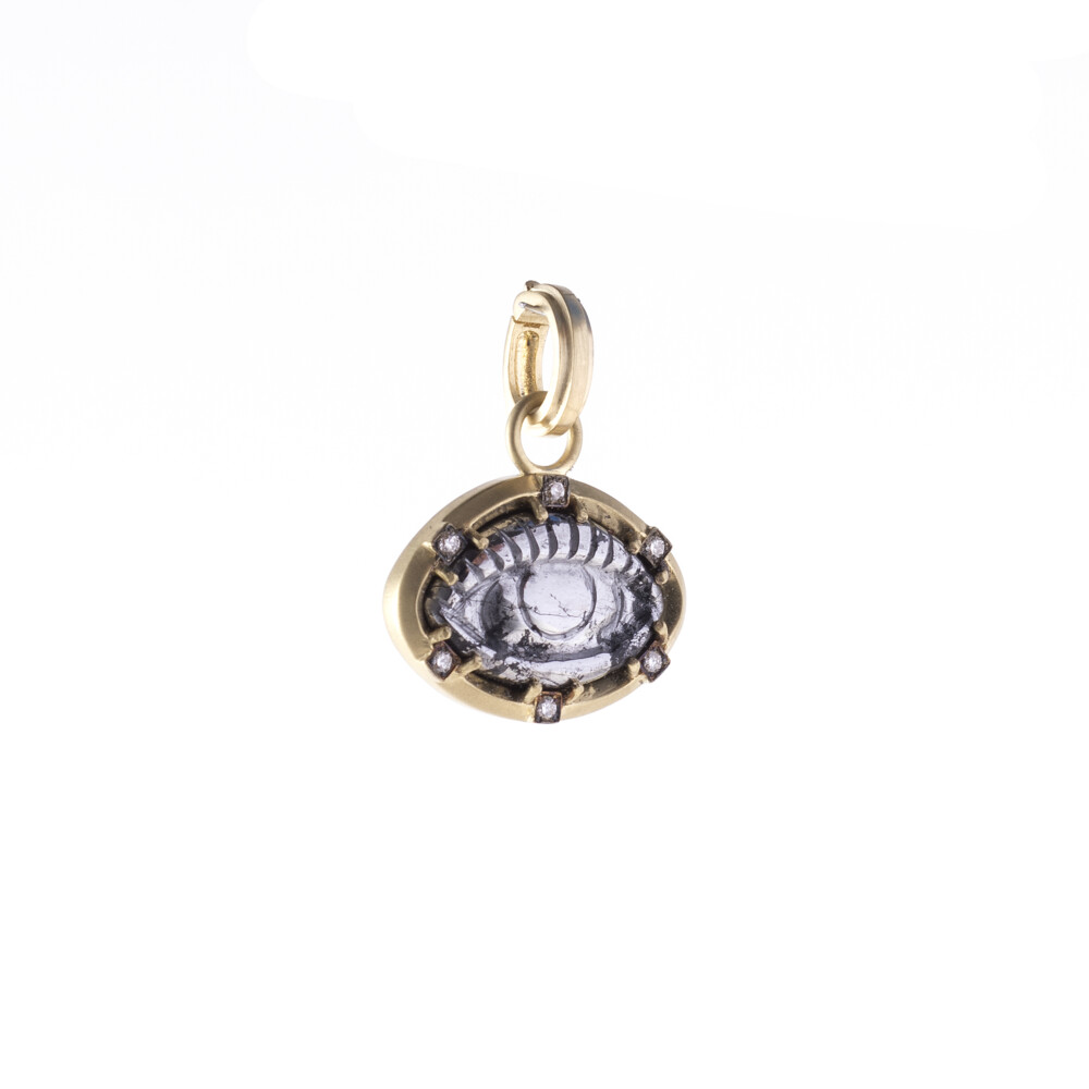 18k Yellow Gold
Round Brilliant Cut Diamond Approx: 0.07tcw
Silver Calcite Eye
Size: 3/4"W x 1"L Silver Calcite Eye Pendant