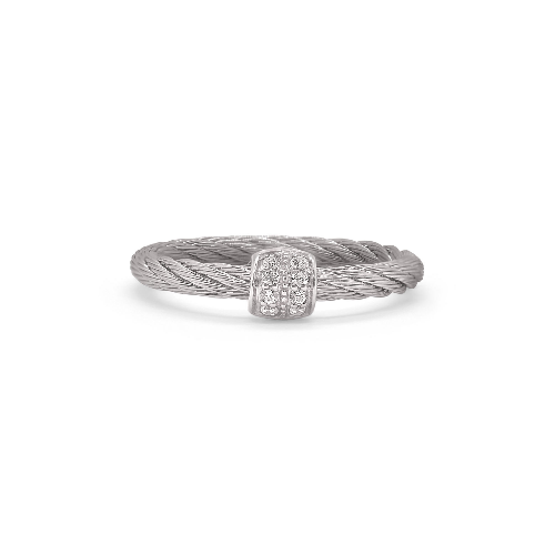 Stainless steel cable and 18 karat white gold barrel station ring set with diamonds weighing 0.07 carat total weight, Classique Collection, finger size 7.
Classique Diamond Barrel Station Ring – Size 7