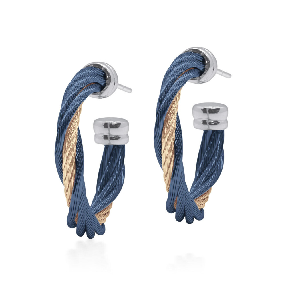 18 karat white gold and stainless steel navy and carnation steel cable twist hoop earrings. ALOR Navy & Carnation Twist Hoop Earrings