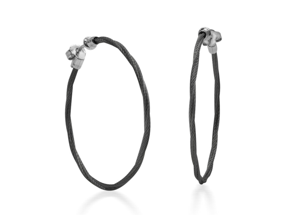 Black Cable 1.5" Hoop Earrings with 18kt White Gold – ALOR Black Cable 1.5" Hoop Earrings with 18kt White Gold