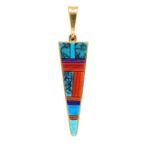 Check out this custom inlay by famous artist Ervin Tsosie... super high quality and beautiful! Turquoise, Coral, Sugilite & Bone
14K YG TSOSIE Double Sided Inlay Gemstone Pendant 4.8g, 2"