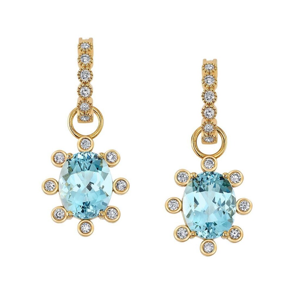 18k Yellow Gold Earrings featuring faceted oval fire aquamarine centers (3.40tcw) with frame of spaced-out bezel-set diamonds Lizzie Earrings - Aqua 3.40tcw