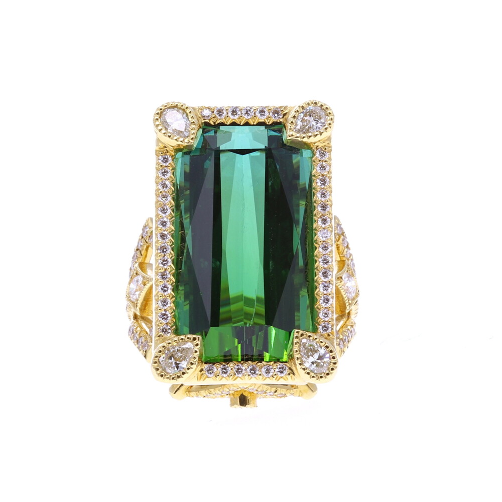 18k Yellow Gold Coco ring featuringa. 37.11ct green tourmaline and 2.05tcw diamonds, gallery modified to have diamond-shapes similar to those in the shank.
Coco Ring Modified with Green Tourmaline