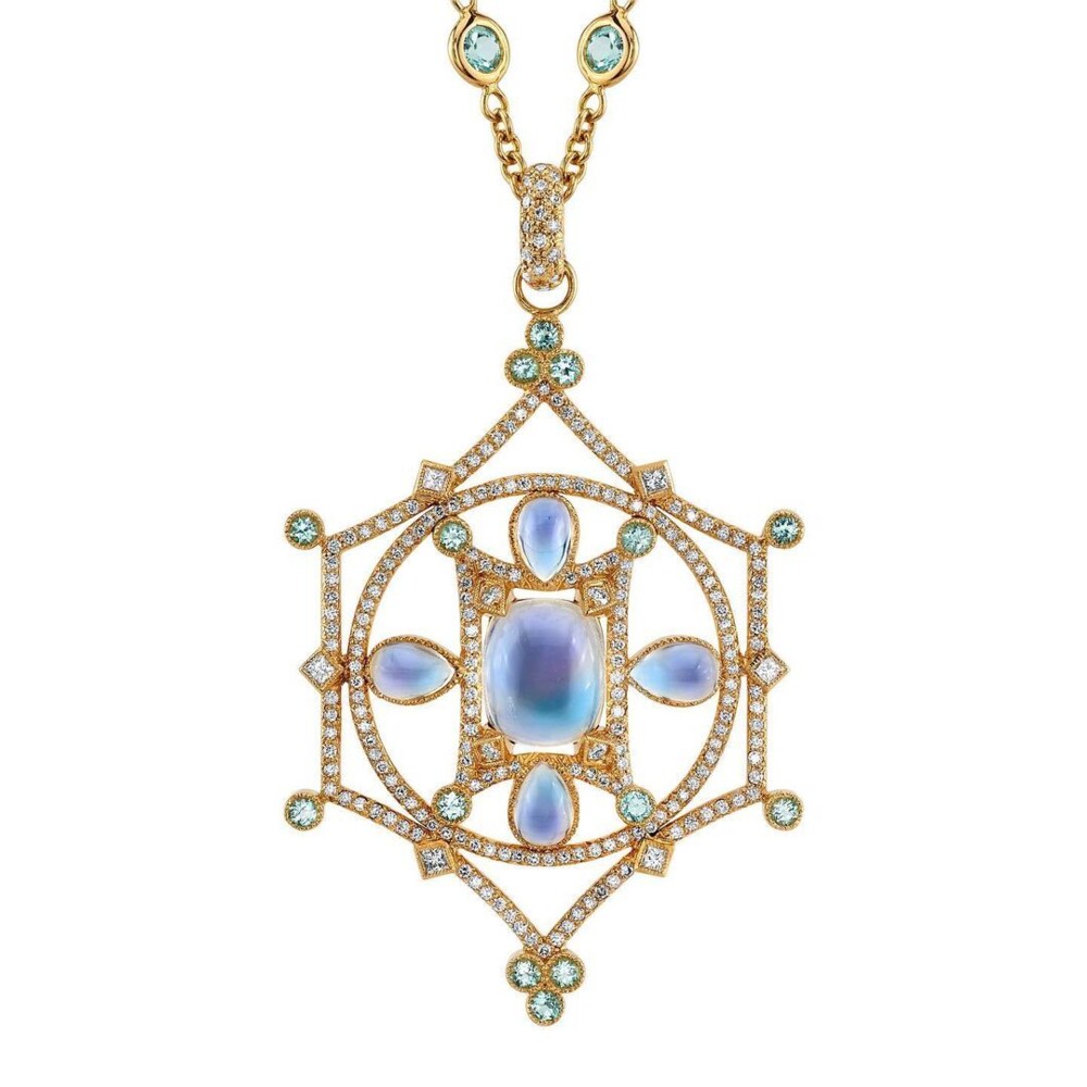 18k yellow gold 6-sided mandala featuring moonstone (9.65tcw) and African Paraiba (1.01tcw) and diamonds (1.66tcw) Mandala "Mary" - Moontone & Paraiba