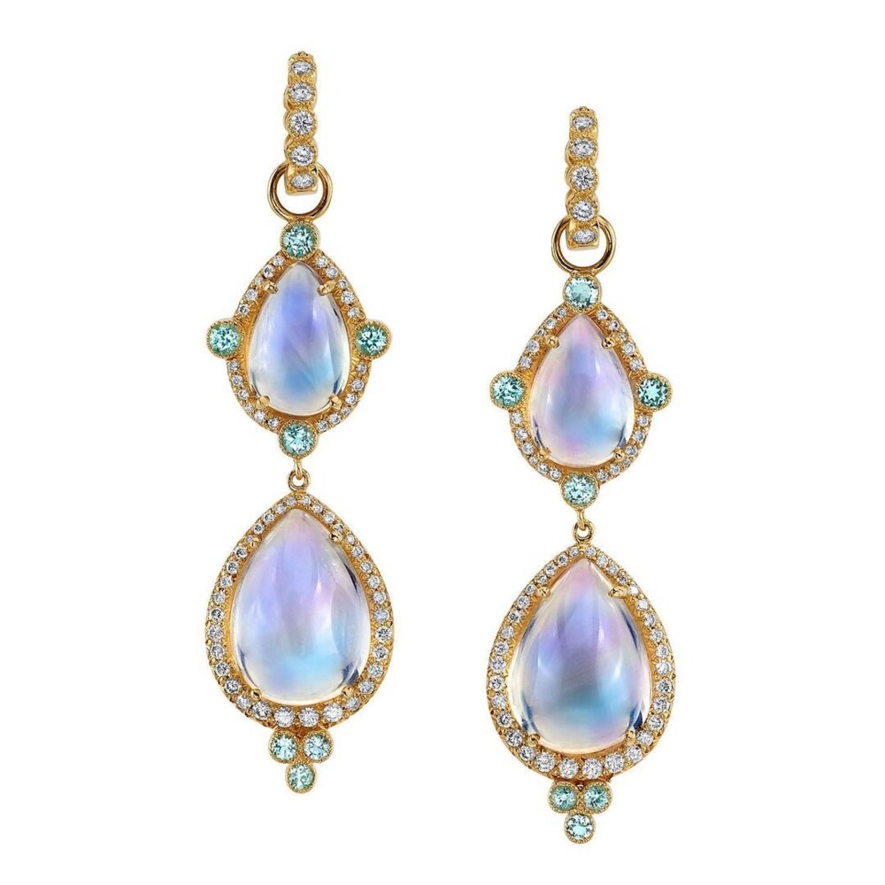 18k Yellow Gold earrings with pear shaped moonstone drops and diamond and african paraiba tourmaline accents Lily Pad Double Drop Earring Charms (Moonstone)