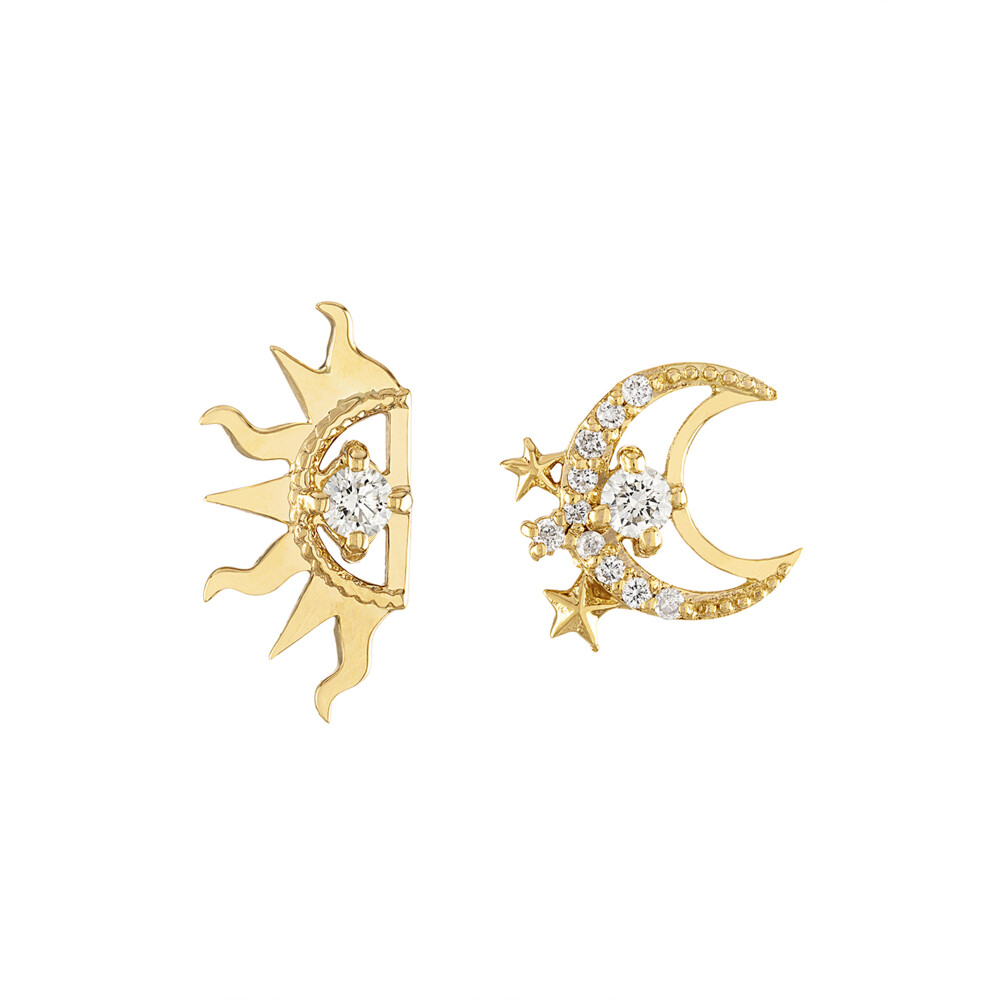 14k Yellow Gold, Sun 0.10tcw Diamonds, Moon 0.19tcw Harmony Studs Celest