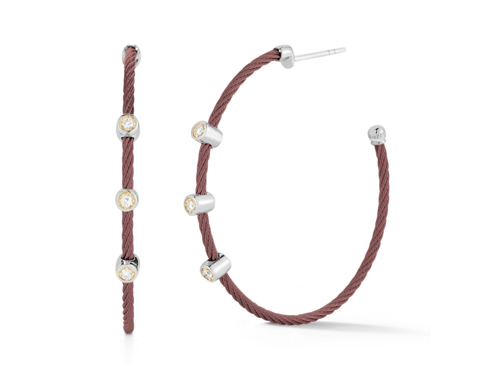 Cable Hoop Earrings with Triple Diamond Station – ALOR Cable Hoop Earrings with Triple Diamond Station – Burgandy