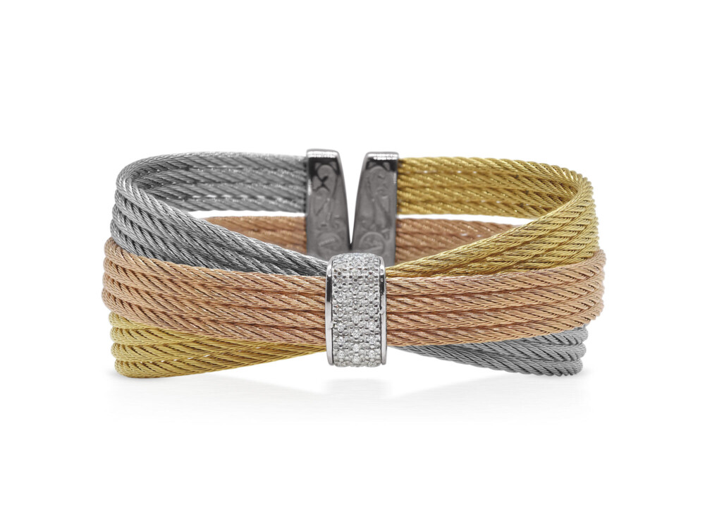 Yellow, Rose, & Grey Cable Bow Cuff with Diamonds set in White Gold – ALOR Yellow, Rose, & Grey Cable Bow Cuff with Diamonds set in White Gold – ALOR