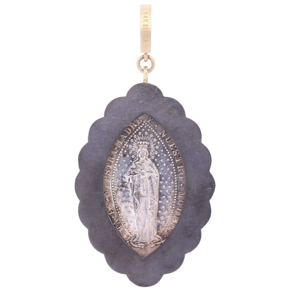 <div style="position: initial; margin: initial;">Front:</div><div style="position: initial; margin: initial;"><br style="position: initial; margin: initial;"></div>Spanish - "Ave María Purísima, Sin Pecado Concebida" <div style="position: initial; margin: initial;">Translation - "Hail Mary Most Pure, Conceived Without Sin" </div><div style="position: initial; margin: initial;"><br style="position: initial; margin: initial;"></div><div style="position: initial; margin: initial;">Spanish - "Hija de Maria"</div><div style="position: initial; margin: initial;">Translation - "Daughters of Mary"</div><div style="position: initial; margin: initial;"><br style="position: initial; margin: initial;"></div><div style="position: initial; margin: initial;">Reverse: </div><div style="position: initial; margin: initial;"><br></div><div style="position: initial; margin: initial;">Depiction of Mary, Mother of Mercy</div><div style="position: initial; margin: initial;"><br></div><div style="position: initial; margin: initial;">Spanish - "Esta Es Nuestra Madre Y Nuestro Modelo"</div><div style="position: initial; margin: initial;">Translation - "This is Our Mother And Our Model"</div><div style="position: initial; margin: initial;"><br style="position: initial; margin: initial;"></div><div style="position: initial; margin: initial;"><br style="position: initial; margin: initial;"></div> Antique Spanish Daughters of Mary Monogram Medal Pendant