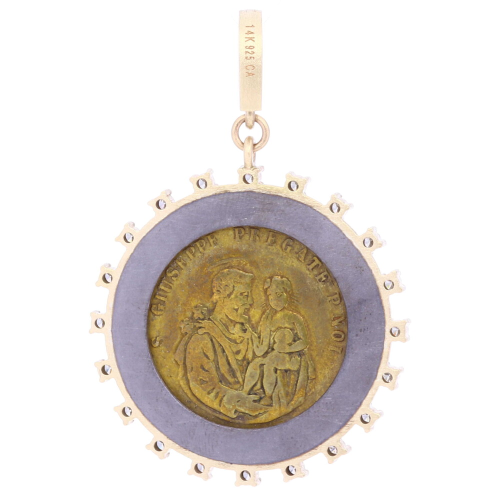 Latin - "Meum Est Consilium" PROV 8:14<div style="position: initial; margin: initial;">Translates to "Counsel & Wisdom"</div><div style="position: initial; margin: initial;"><br style="position: initial; margin: initial;"></div><div style="position: initial; margin: initial;">Reverse :</div><div style="position: initial; margin: initial;"><br style="position: initial; margin: initial;"></div><div style="position: initial; margin: initial;">Latin - "S. Giuseppe Pregate P. Noi" </div><div style="position: initial; margin: initial;">Translates to: "St. Joseph Pray For Us" </div><div style="position: initial; margin: initial;"><br style="position: initial; margin: initial;"></div><div style="position: initial; margin: initial;">Full Proverb 8:14</div><div style="position: initial; margin: initial;"><br style="position: initial; margin: initial;"></div><div style="position: initial; margin: initial;">"Counsel is mine, and sound wisdom: I am understanding; I have strength."</div><div style="position: initial; margin: initial;"><div style="position: initial; margin: initial;"><br style="position: initial; margin: initial;"></div></div> Antique Mother Mary & Child Medal Pendant