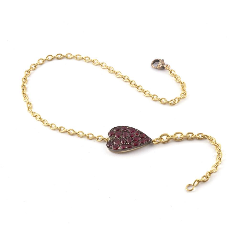 18k Yellow Gold / Sterling Silver Oxidized - Mixed Shape Ruby Approx: 5.78tcw, Size: 14" Ruby Heart Double Wrap Bracelet