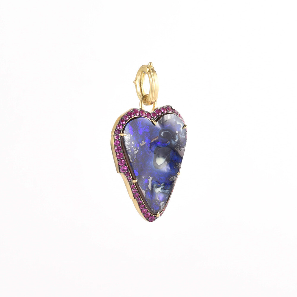 18k Yellow Gold, Opal Approx: 21.92tcw, Pink Sapphire Approx: 1.30tcw Opal & Pink Sapphire Heart Pendant