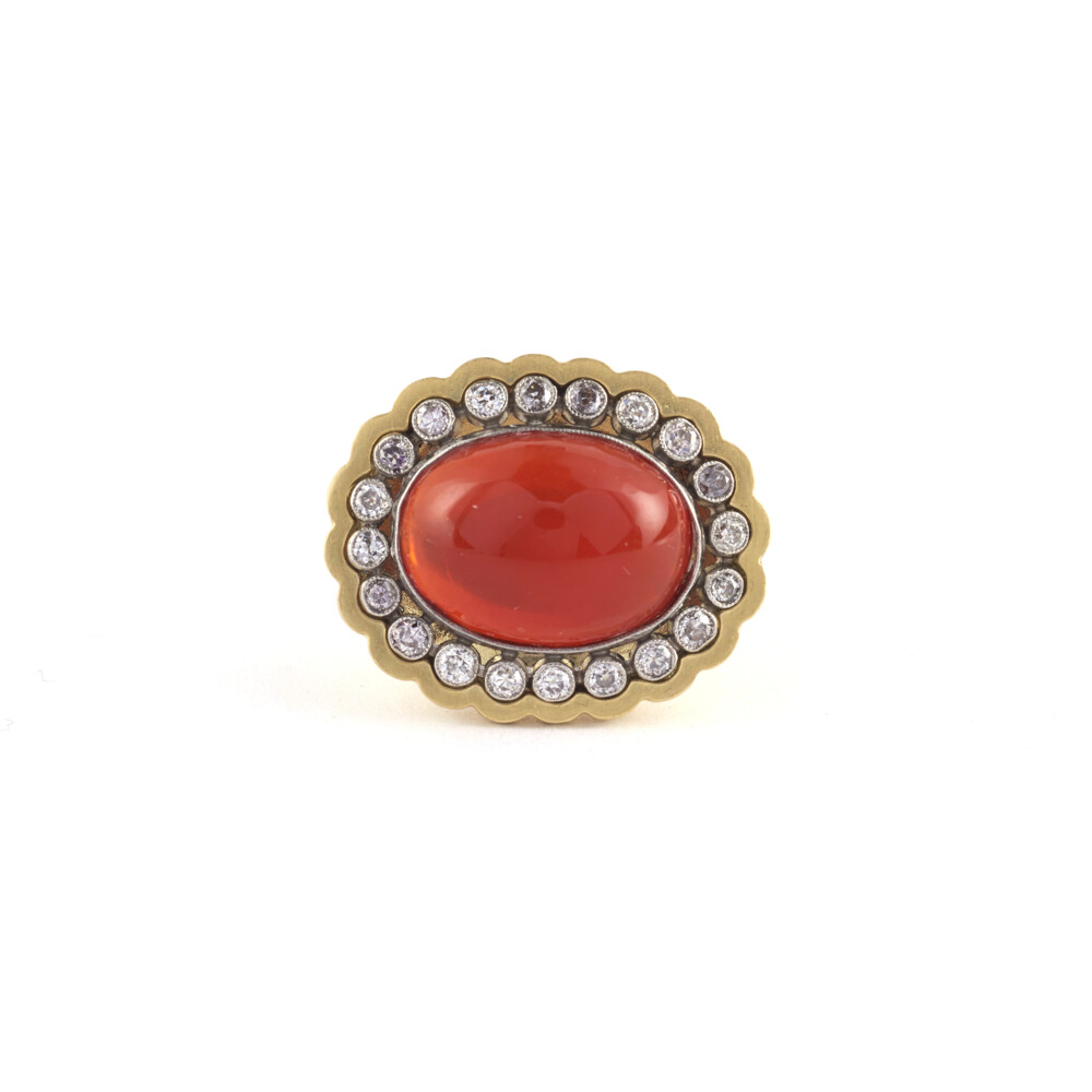 18k Yellow Gold / Platinum Diamond 0.75tcw, Mexican Oval Opal Size: 7 1/4 Mexican Opal Art Deco Ring