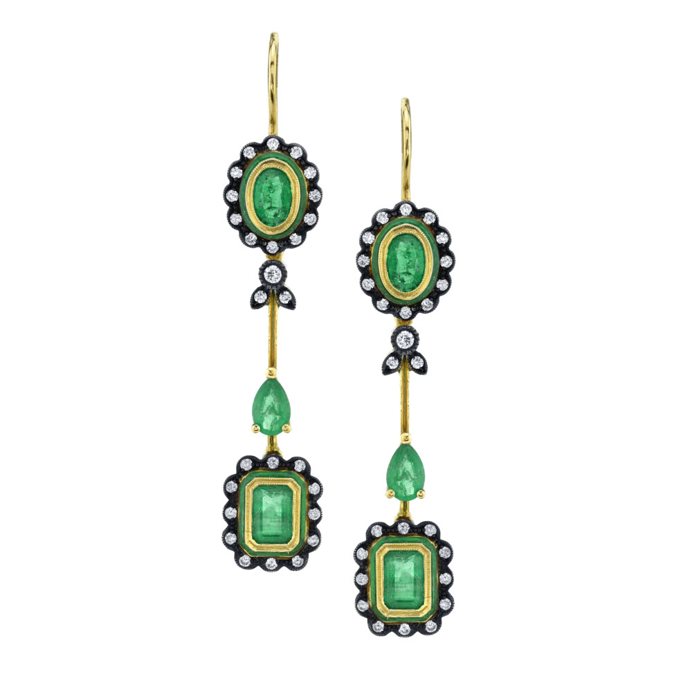 18k Emerald, Enamel, & Diamond Dangle Earrings