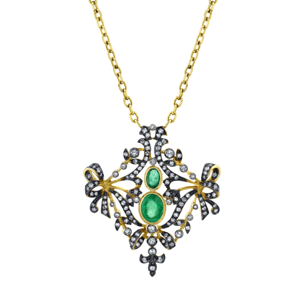 18k "Art Deco" Emerald & Diamond Pendant Necklace
