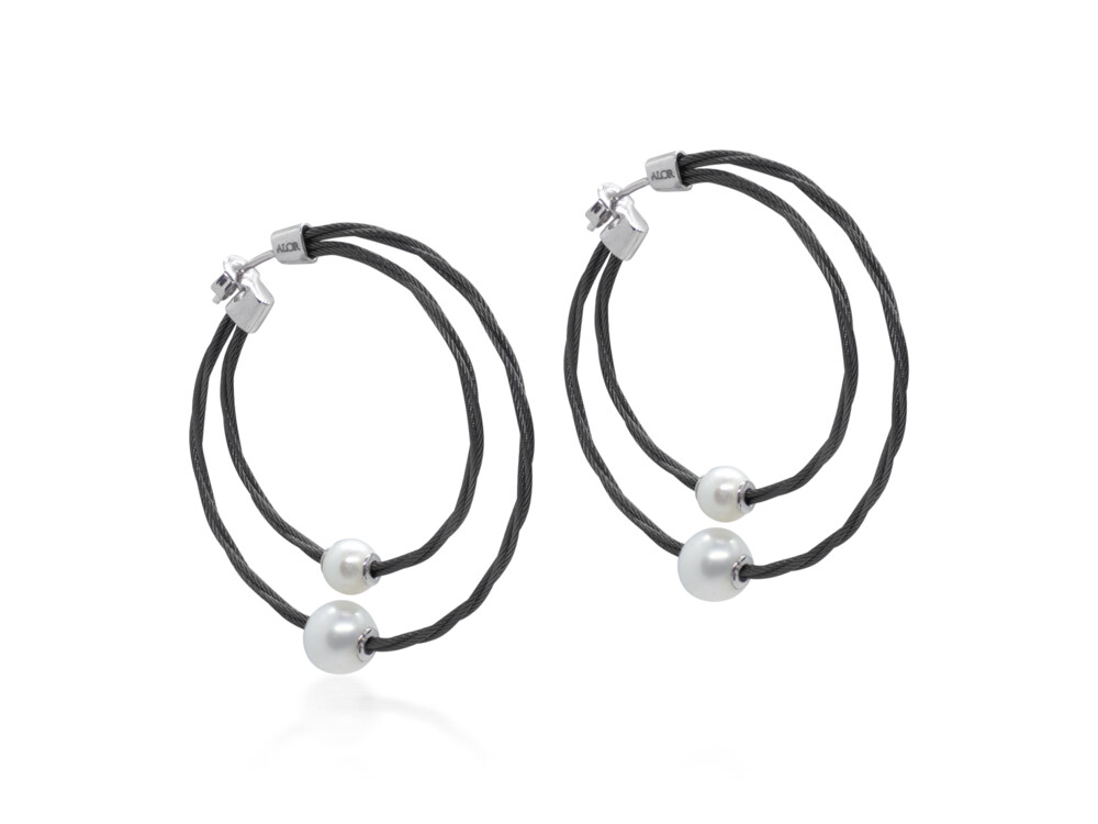 Black Dual Twisted Cable Hoop with Pearls – ALOR