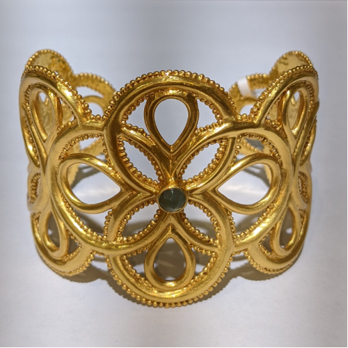 Limited edition cuff forged with one-of-a-kind design, and seaglass green accent gemstone. Julie Vos Limited Edition Cuff