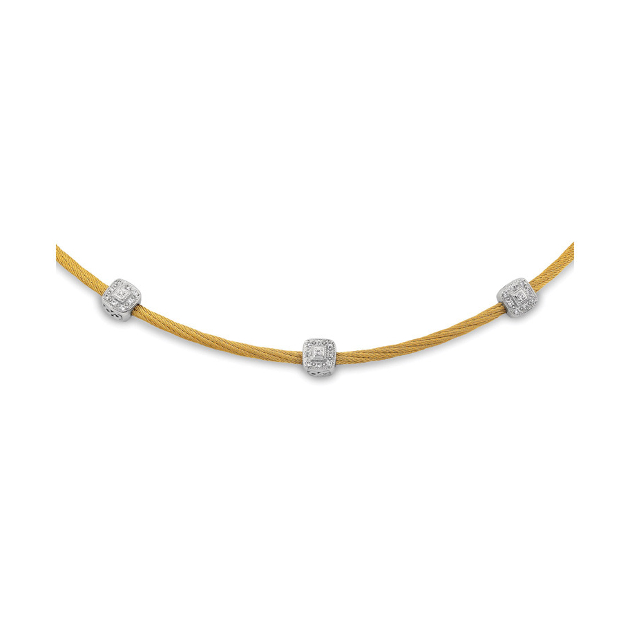 This heat treated grey colored steel cable features 3 square 18k white gold diamond stations with a total carat weight of .14cts. This simple chic necklace will transition easily throughout your day. Twisted Cable Necklace with Three Square Diamond Stations