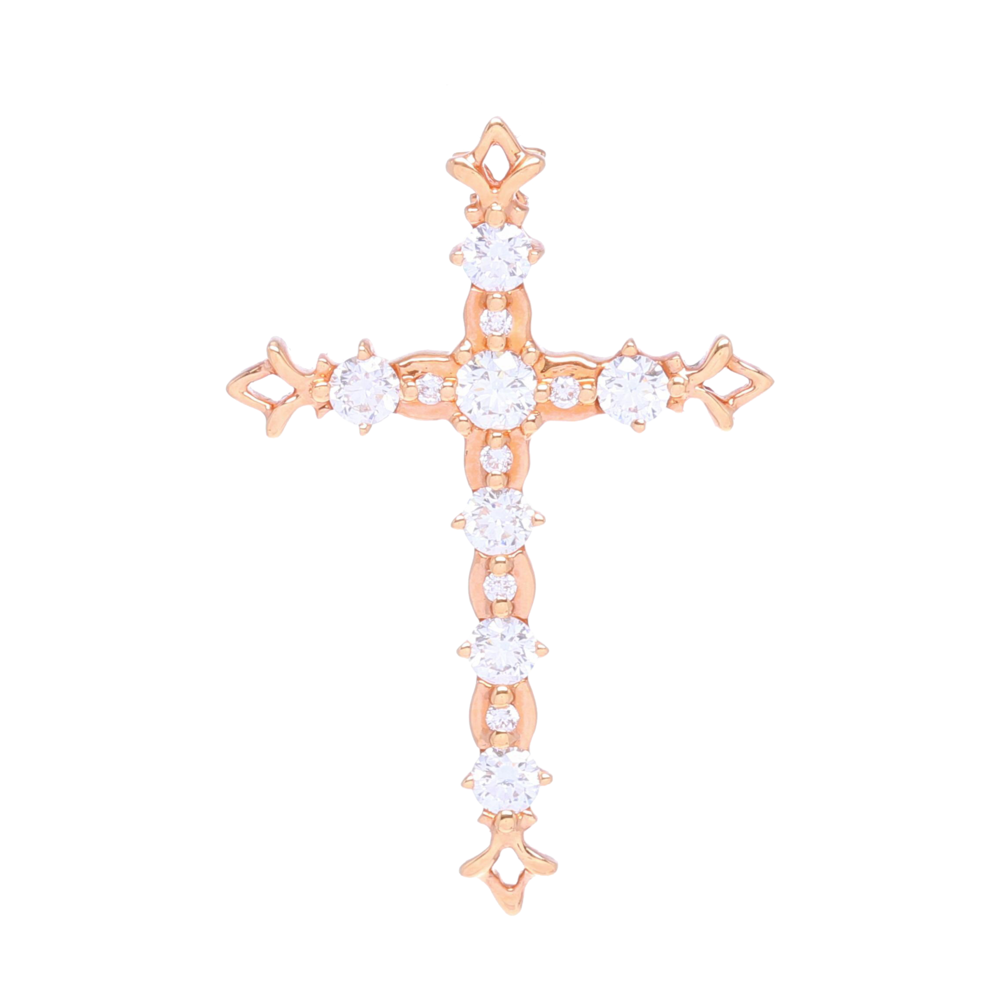 0.73 carats of brilliant cut alternating diamond sizes puts a nice touch on this 18k rose gold cross. Perfect size for every day wear. Photo is of actual cross and the diamonds have not been retouched.<div>Diamond weight: 0.73ct</div> 18k Rose Gold Cross with Brilliant Cut Diamonds