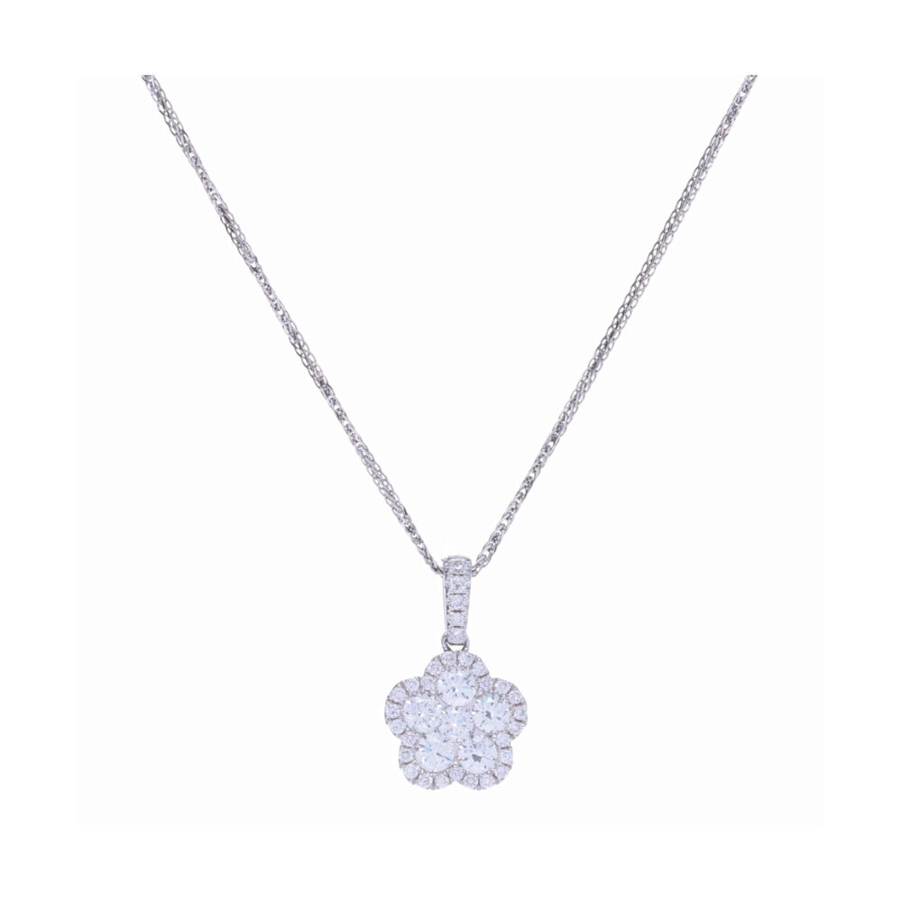 This flower cluster pendant has 1.11 carats of diamonds set into 2.36 grams of 18k white gold. The diamonds are brilliantly white and sparkle from what seems like across the room. Easily worn as an everyday pendant, because of its lightweight design and sparkly nature. Shown here on an 18k white gold chain, sold separately. <div>Diamond weight: 1.11ct</div> Cluster Flower Pendant with Diamond Halo