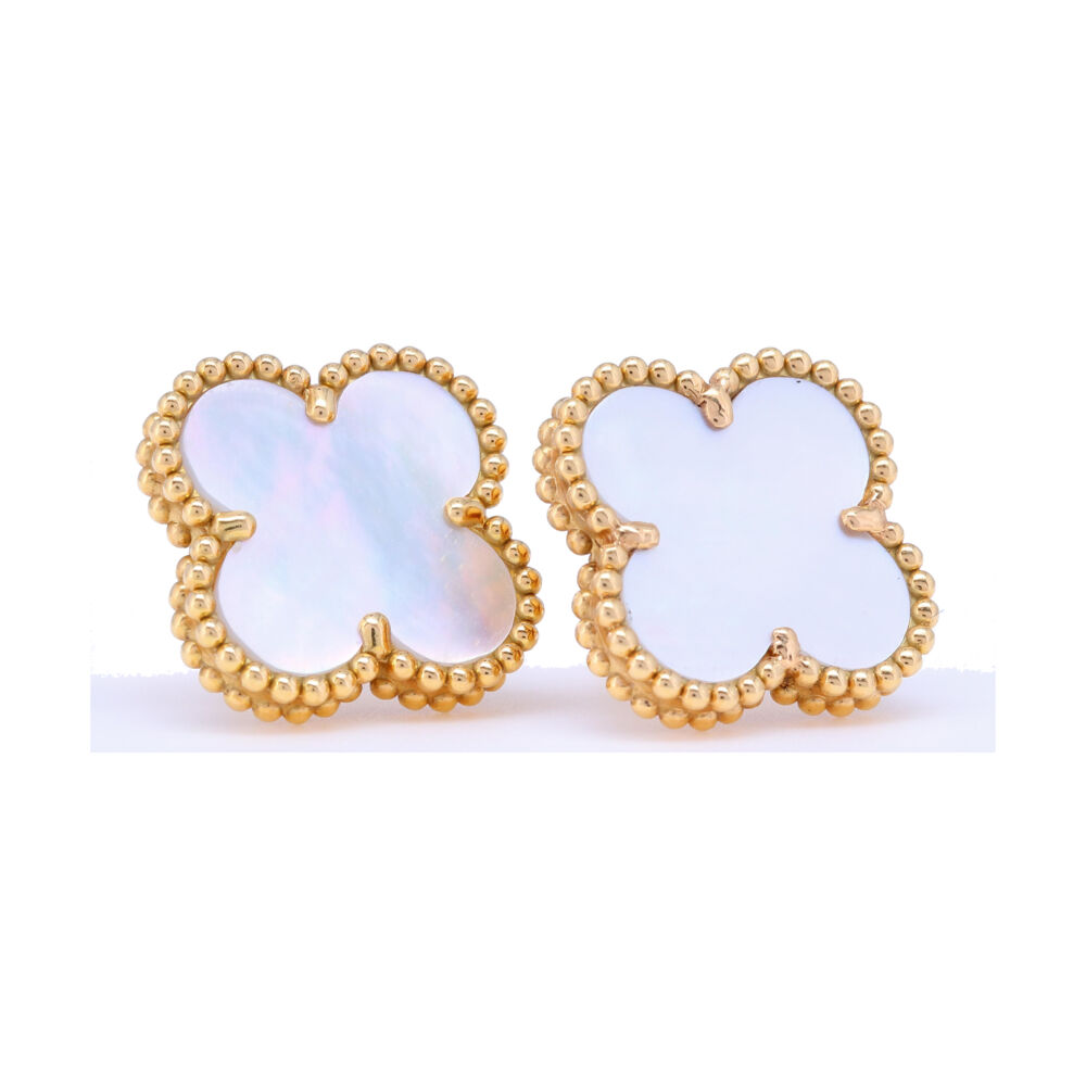 <font size="2">These estate piece earrings feature 4.94 grams of 18k yellow gold, in a charming mother of pearl clover shapes. </font> Classic 18k White Mother of Pearl Clover Earrings