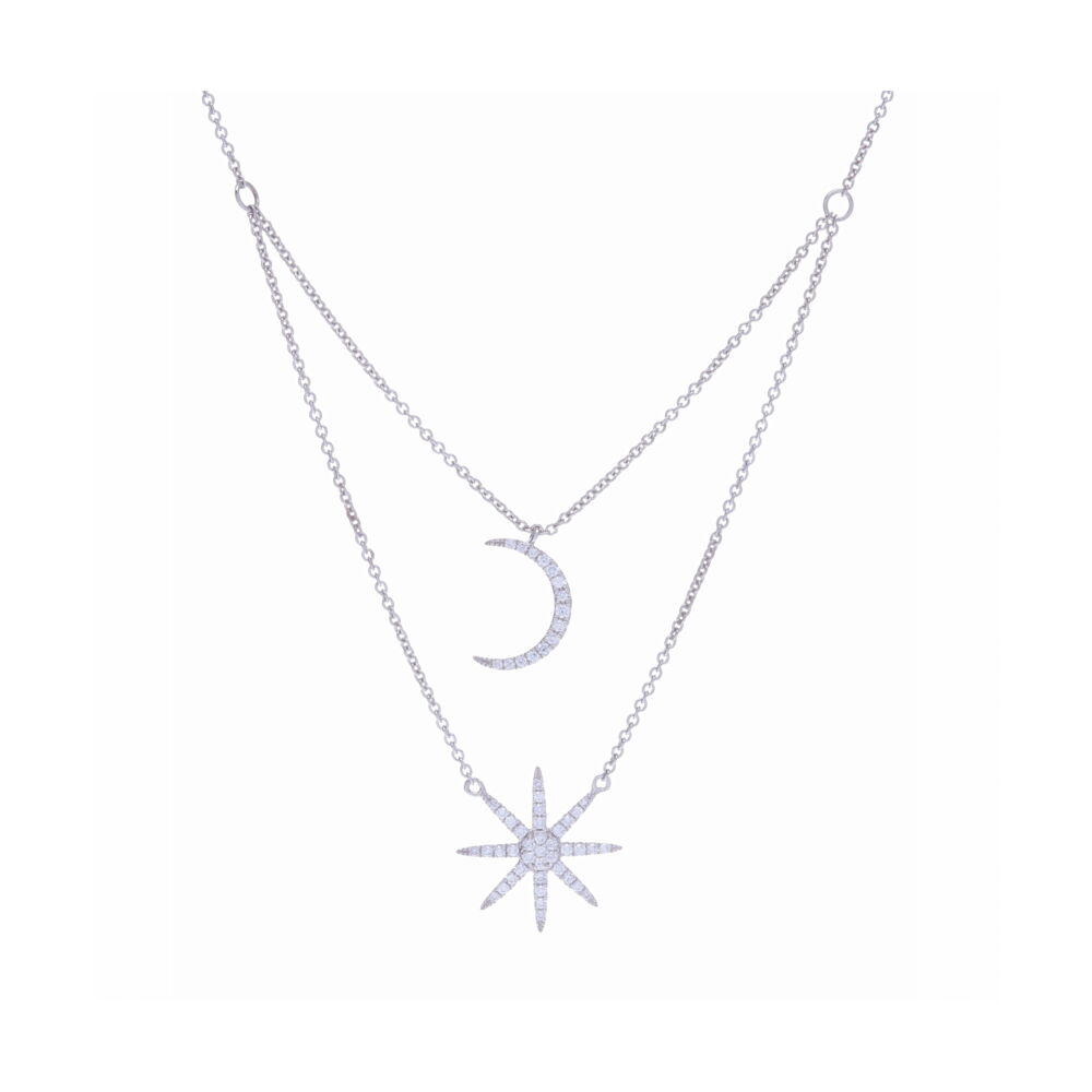 Perfectly tiered moon and star pendant necklace with pave diamonds. Comes in Rose, White or Yellow Gold. It is one of our best sellers. 14k Star and Moon Tiered Necklace