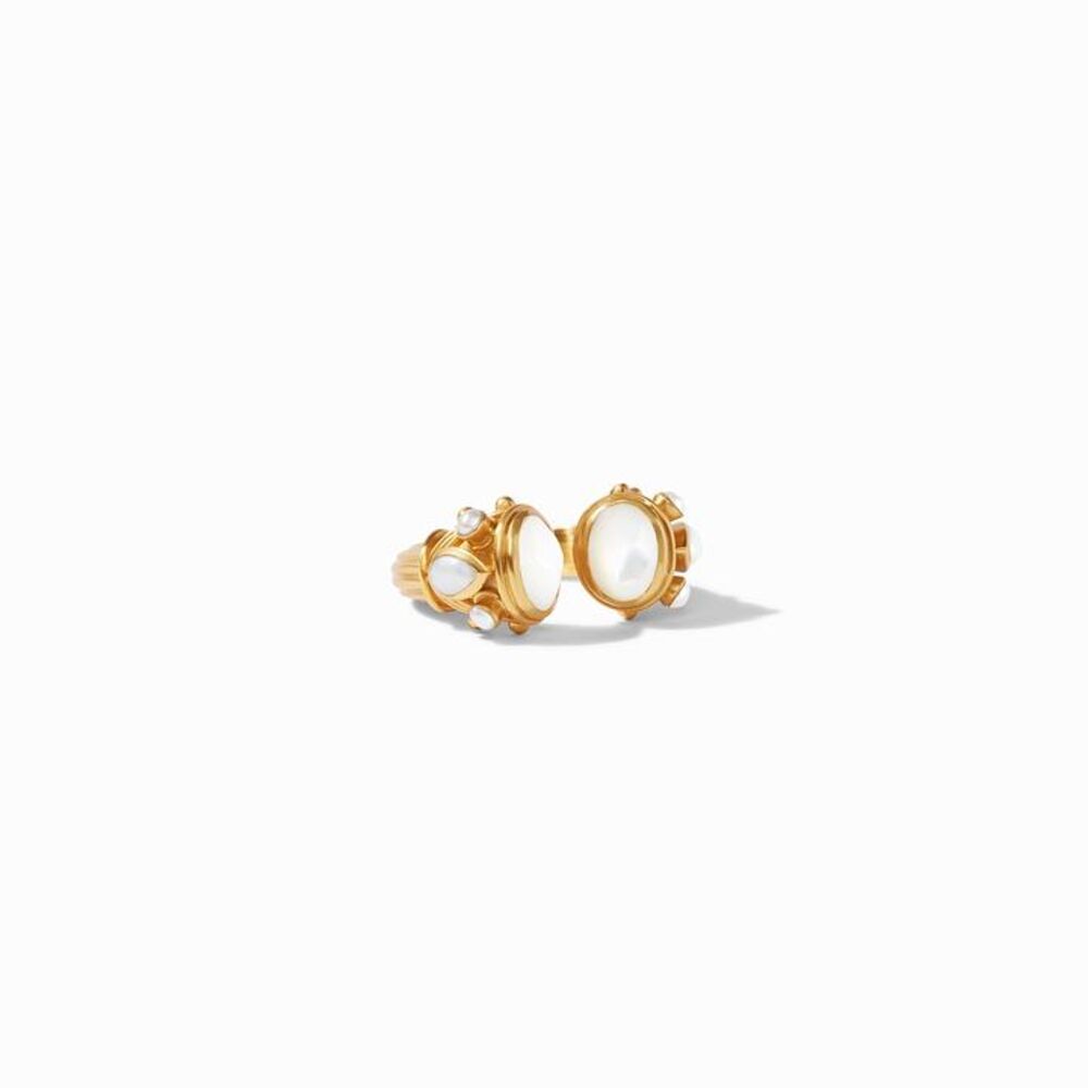 Faceted oval gemstones are set in an intricate stone-studded setting in this open-ended ring. - 24K gold plate with semi-precious stones or pearl Byzantine Ring