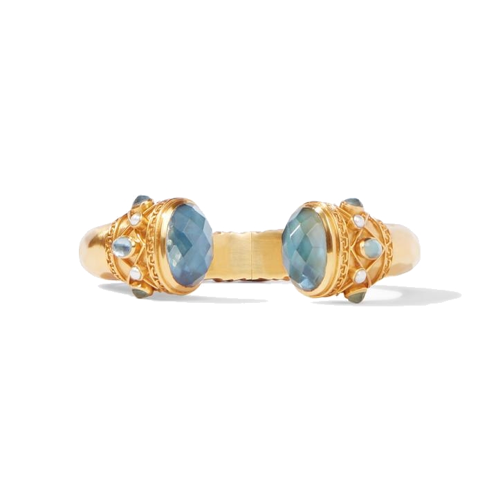 Displaying rose cut imported glass ends, accented with other of pearl and more gemstones. 24k gold plate hinged cuff. Savannah Hinge Cuff