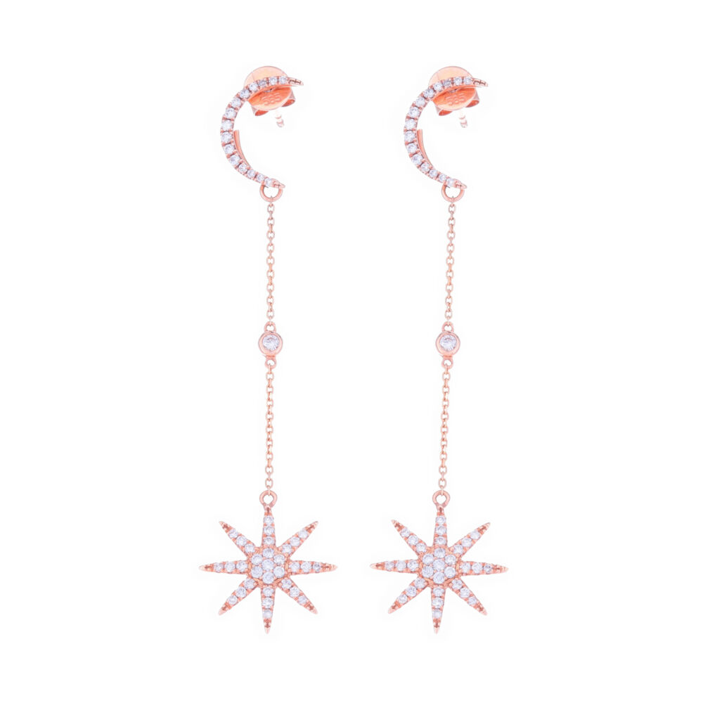 These 14k rose gold moon stud earrings with star drops are perfect for the modern day fashionista. With .567 carats of diamonds, you will shimmer and shine just like the stars and the moon when wearing these earrings. 14K Rose Gold Diamond Moon Studs with Star Drops