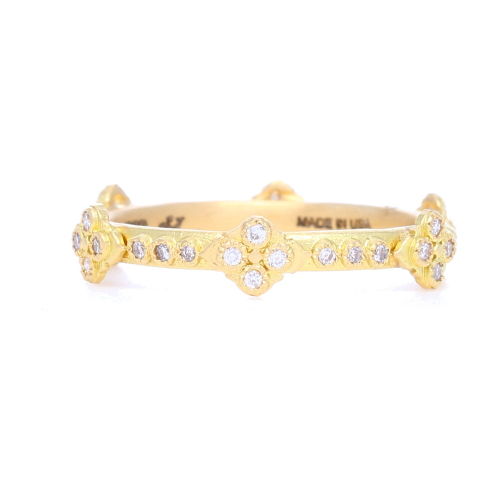 <div>This beautiful matte gold stack ring displays 6 Crivelli cross stations exhibiting white diamonds, with the band displaying its own white diamonds around the entire band. The total carat weight is .168 carats, making this a great ring to stack with others, or just wear alone. </div> Crivelli Cross Stack Diamond Ring