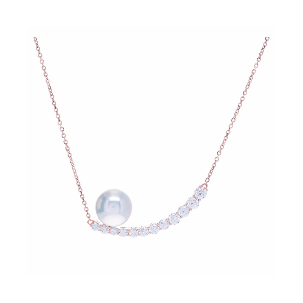 <font size="2">This necklace has 1.33 carats of some of the brightest diamonds we have in the store. The pearl has striking luster and the whole thing is set in 4.32 grams of 18k rose gold. This necklace is beyond wow, and so unique for a pearl pendant necklace.</font><div><font size="2">Diamond weight: 1.33ct</font></div> 18k Rose Gold Diamond Crescent Pendant Necklace with Pearl Detail