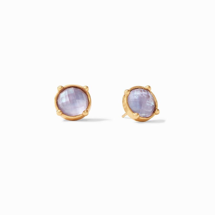 24K gold plate earring studs. Four gold stud stations on setting, with center set gemstone. Honey Stud