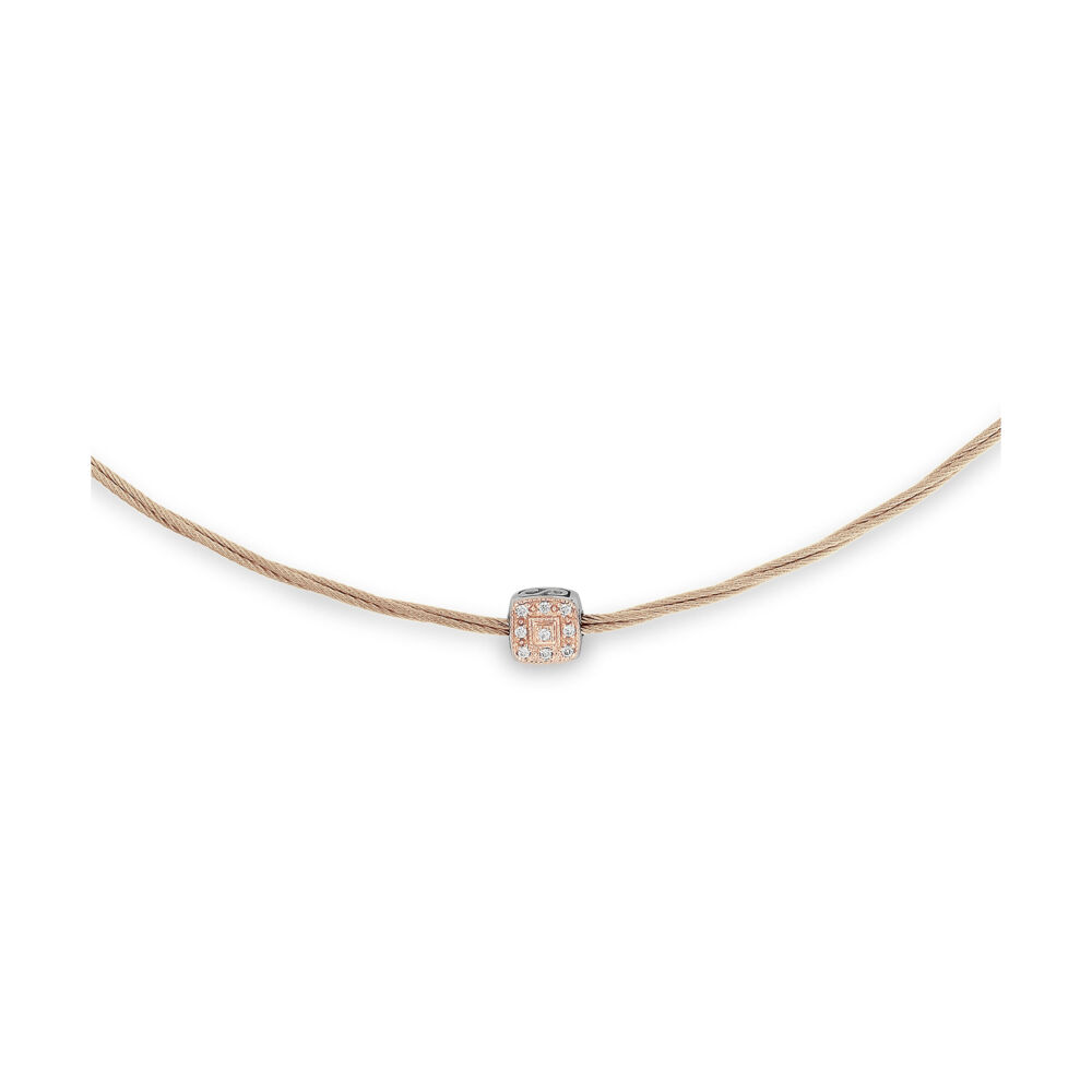 Stack a few or were just one. This cute little choker by Alor has been created using their signature heat treated steel cable mixed with a little 18k gold and diamond.<div><br></div><div><ul><li>Available Yellow, Black, Grey, Blueberry, Carnation, Burgundy</li><li>0.05tcw of Diamond</li><li>18k Gold Clasp and Settings</li><li>16" Length</li></ul></div> Single Square Diamond Station on Micro Cable Necklace