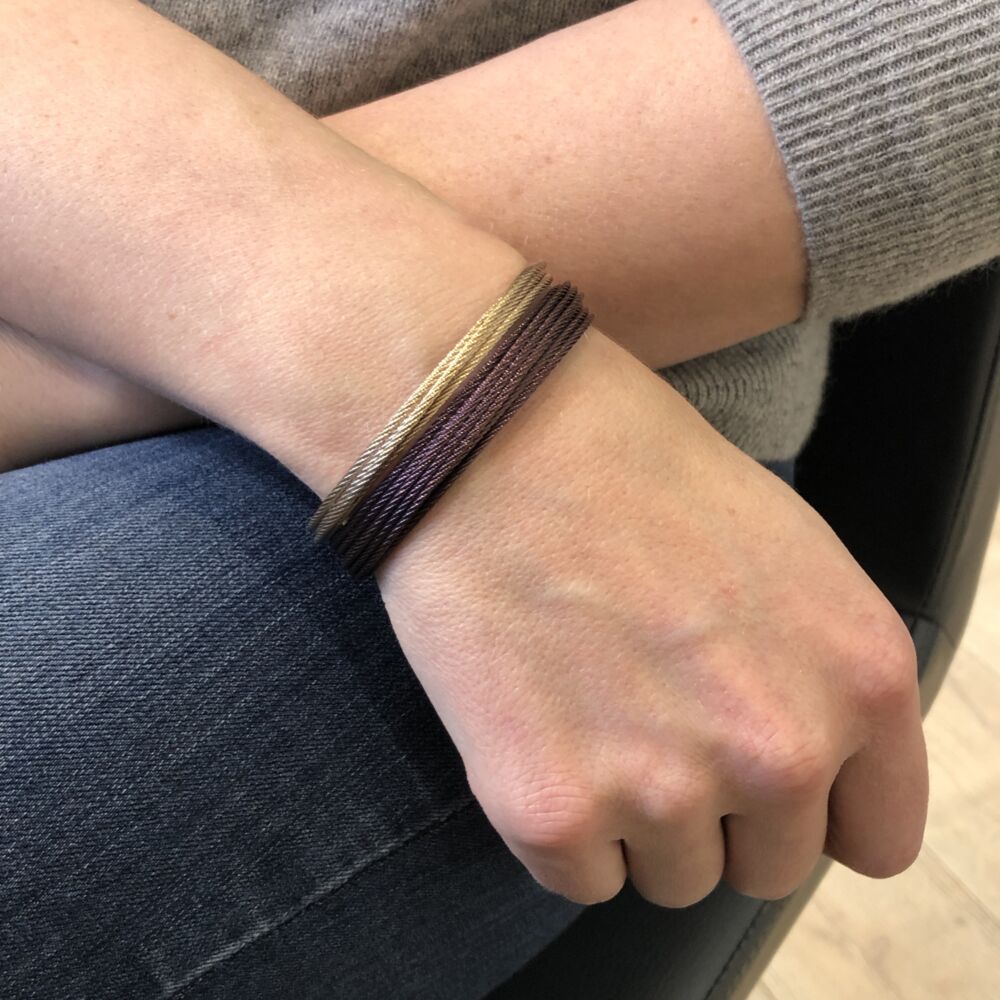 Carnation and burgundy cable with stainless steel. Imported. SKU: 04-29-S411-00 ALOR Classique Women's Multi-Strand Stacked Burgundy and Gold Cable Bangle - ALOR