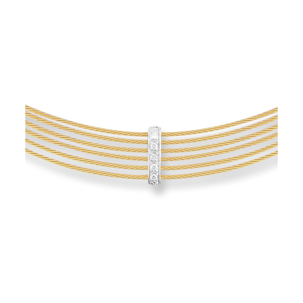 This six strand heat treated yellow colored steel cable, is featured in a choker design. Displaying an 18k white gold dancing diamond bar station with a total carat weight of .04 carats. Layer this with other necklaces or just wear alone, for a simple elegance. The necklace is made to sit wonderfully right at the base of your neck, and can be easily paired to any outfit. Yellow Diamond Bar Choker