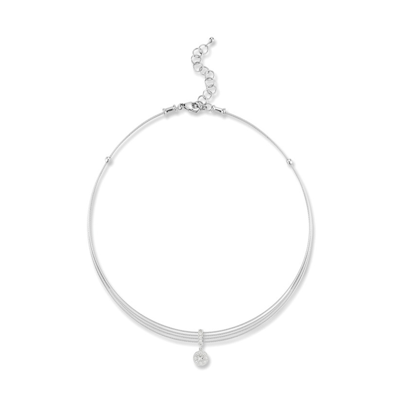 This heat treated grey steel cable choker necklace features 4 strands of grey cable with an 18k white gold charm connecting the 4 strands as well as a dangling circle charm, displaying a total diamond carat weight of .10cts. 13″ length with 2″ extender. Imported. Cable Round Drop Choker Necklace with 18kt White Gold & Diamonds