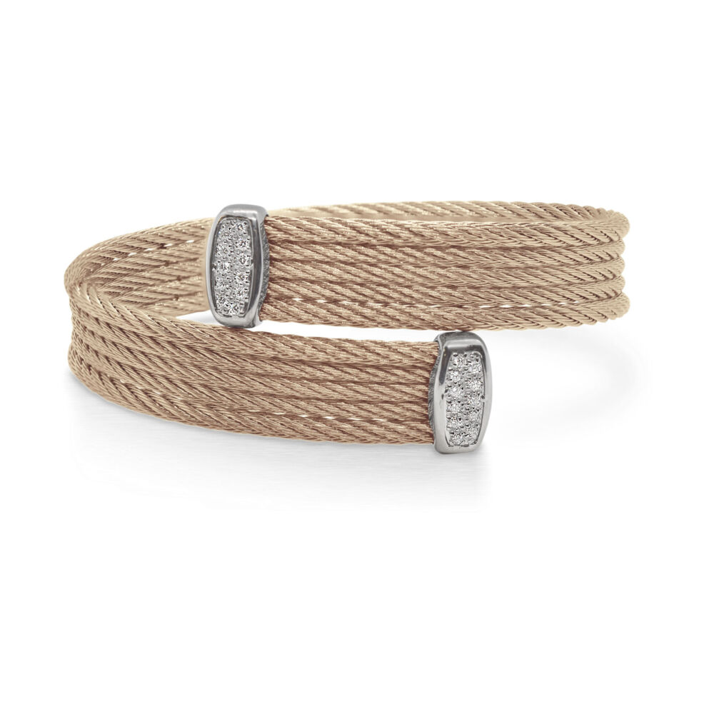 Grey cable, 18 karat White Gold, 0.18 total carat weight Diamonds and stainless steel. Imported. SKU: 04-32-S655-11 Cable Bypass Bracelet with 18k White Gold & Diamonds