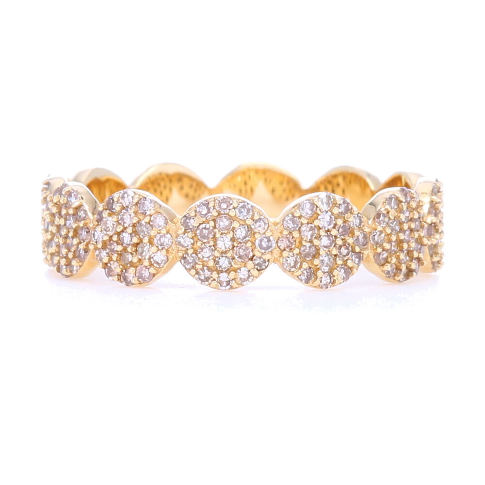 <font size="2">Pave diamond circles set in 14k gold 1/2 way around this fun fresh stack ring. Set with .61 carats of diamonds in 2.61 grams of 14k gold, this ring catches the light and will add just enough negative space between rings to add a bit of edge. </font><div><font size="2">Diamond weight: 0.61ct</font></div> 14k Gold Circle Eternity Band with Pave Diamonds 1/2 way