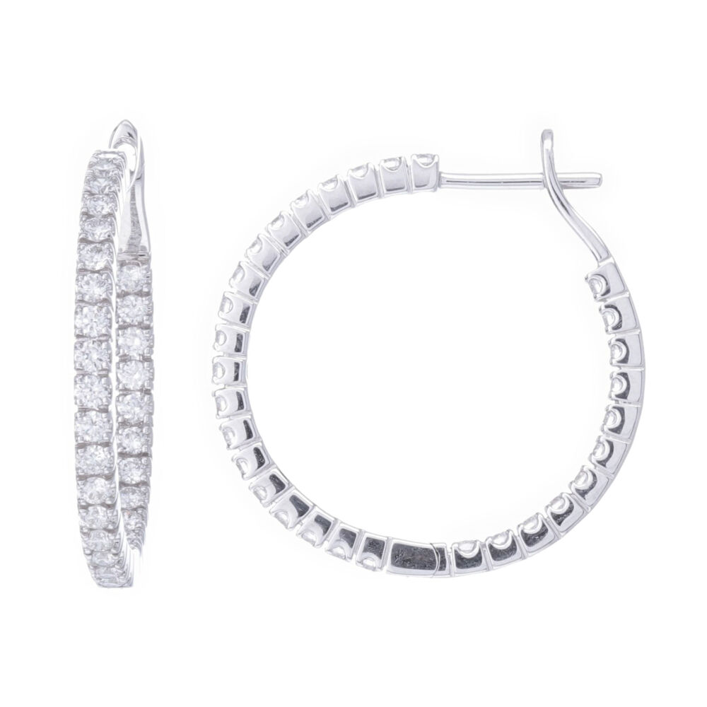 <div style="position: initial; margin: initial;"><font style="line-height: 16px; position: initial; margin: initial;" size="2">Perfect for every day or a special occasion, these will easily turn into one of your favorites. These gorgeous hoops are crafted using 5.83 grams of 18k white gold and 1.33 carats of diamonds.</font><div style="position: initial; margin: initial;"><font style="line-height: 16px; position: initial; margin: initial;" size="2">Diamond weight: 1.33ct</font></div></div><div style="position: initial; margin: initial;"></div> 18k White Gold Prong Set Diamond Inside Outside Hoop Earrings