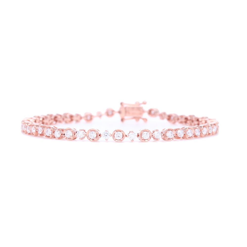 This unique and petite bracelet has a clasp and will fit up to a 7 inch wrist comfortably. This beautiful link bracelet is perfect for everyday wear, or a night on the town.<div>Diamond weight: 2.29ct</div> Diamond Bracelet with Clasp 18k Rose Gold with Diamonds