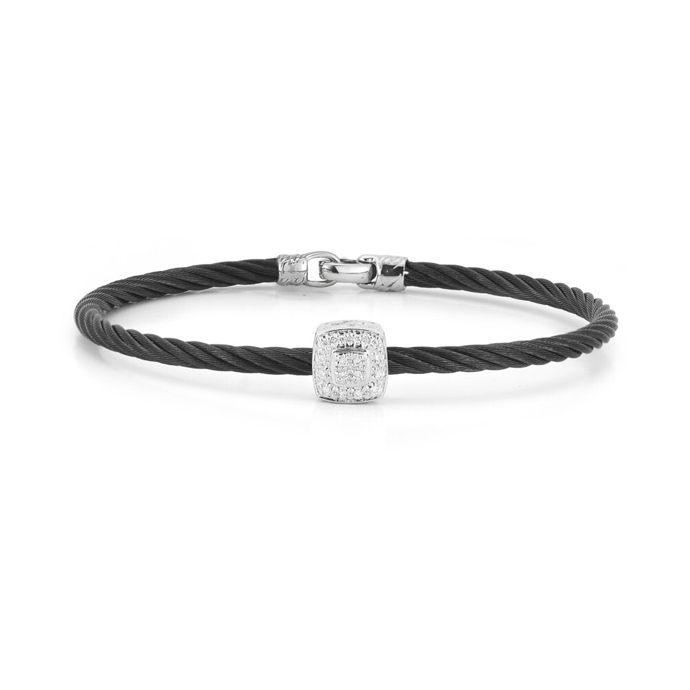 Black 3mm cable, 18 karat White Gold and Yellow Gold, 0.09 total carat weight Diamonds and stainless steel. Imported. - 04-52-0794-11 Black Cable Essential Stackable Bracelet with Single Large Square Diamond Station set in 18kt White Gold