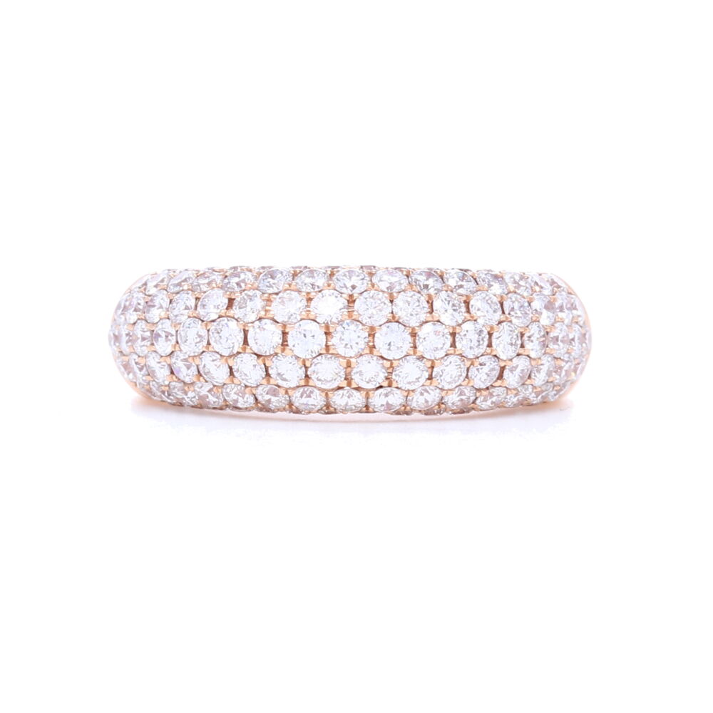 This beautiful 18k rose gold pave set diamond ring is bound to make jaws drop. With 1.96 carats of diamonds, this ring will sparkle and dazzle with every move you make. This size 6 1/2 ring radiates elegant and sophistication. 18k Rose Gold Pave Diamond Ring